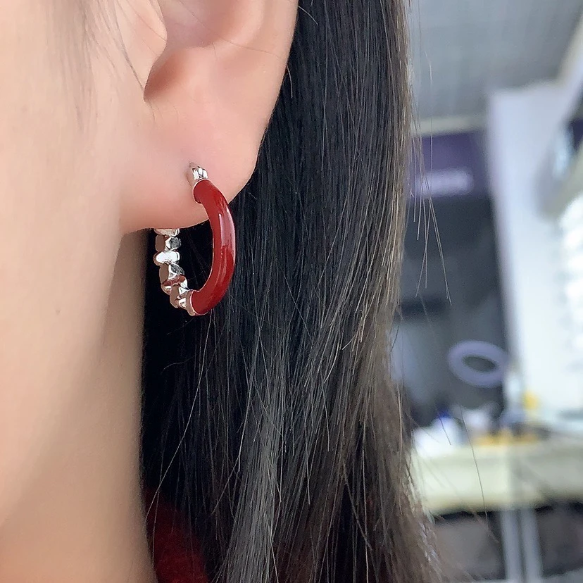 925银珐琅耳饰 安可拉红色滴油拼接碎银子耳扣