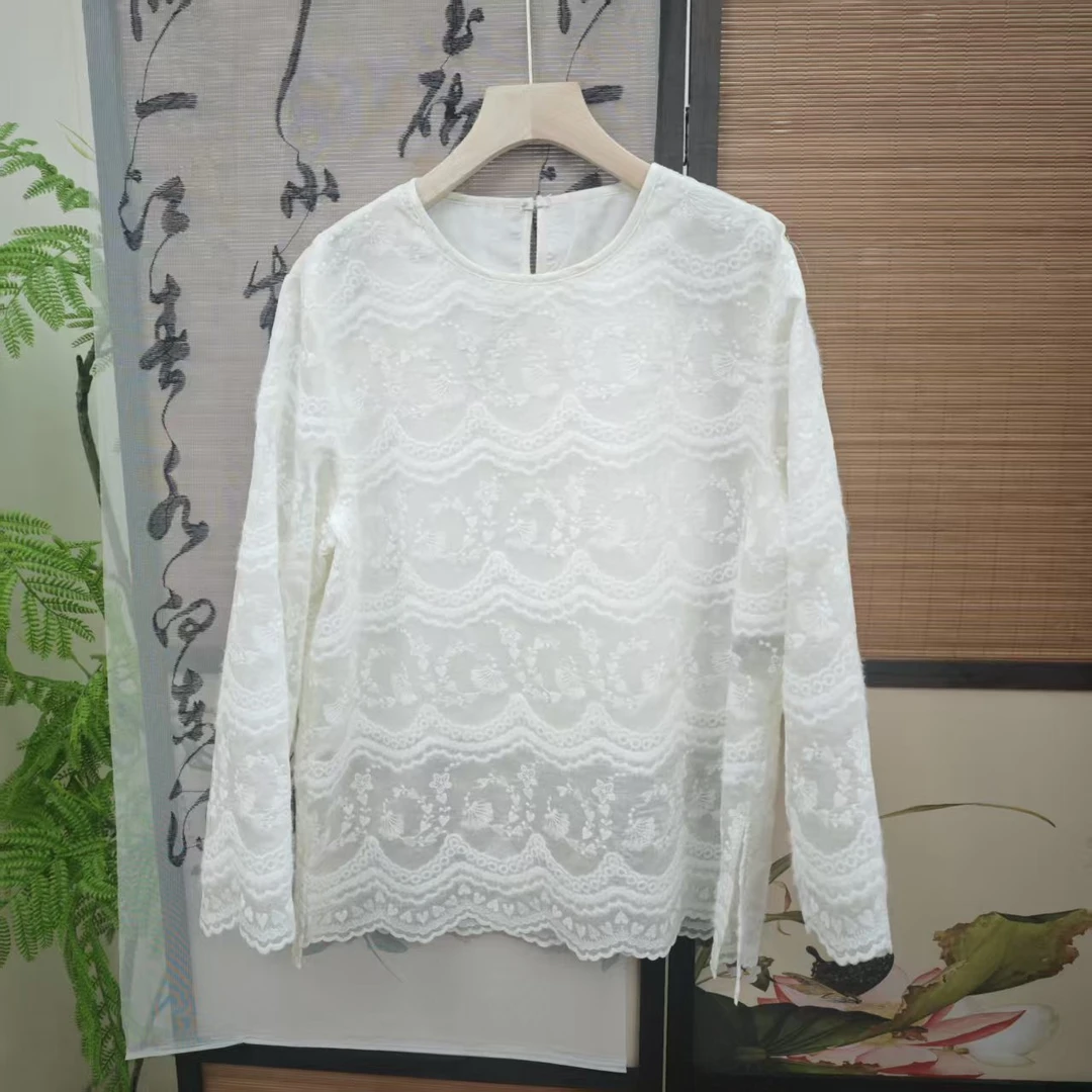 [君怀]衬衫蕾丝长袖白色针织百搭休闲镂空圆领提花女士