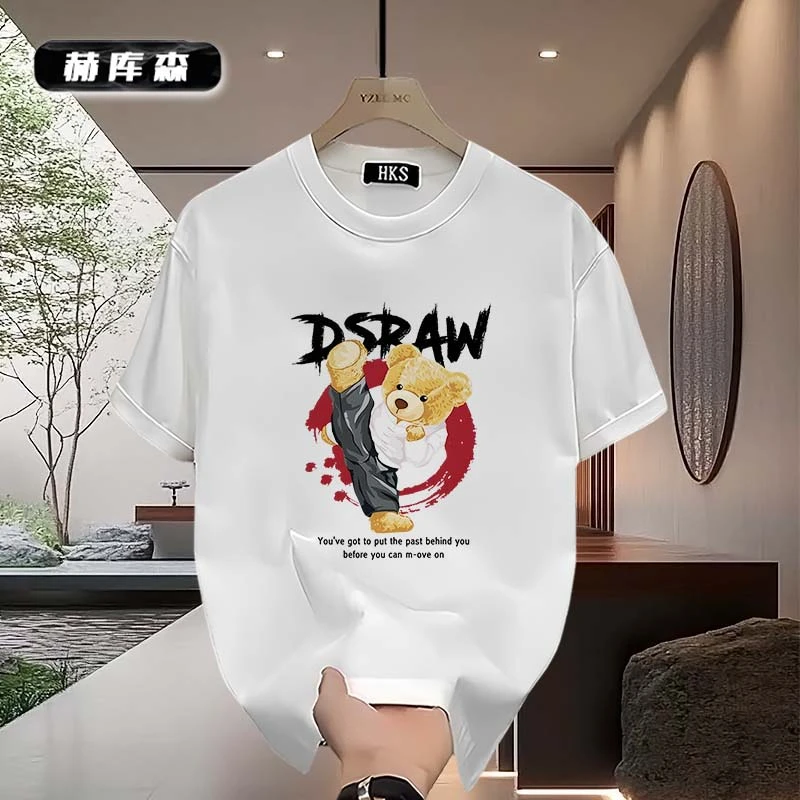 赫库森痞帅夏季男士新款100%纯棉短袖小众创意设计Ins宽松圆领t恤