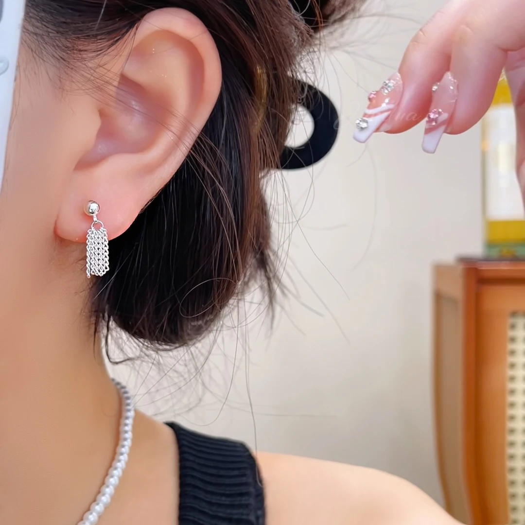 君朵饰品 00034 银色麦穗流苏百搭耳钉耳饰耳环
