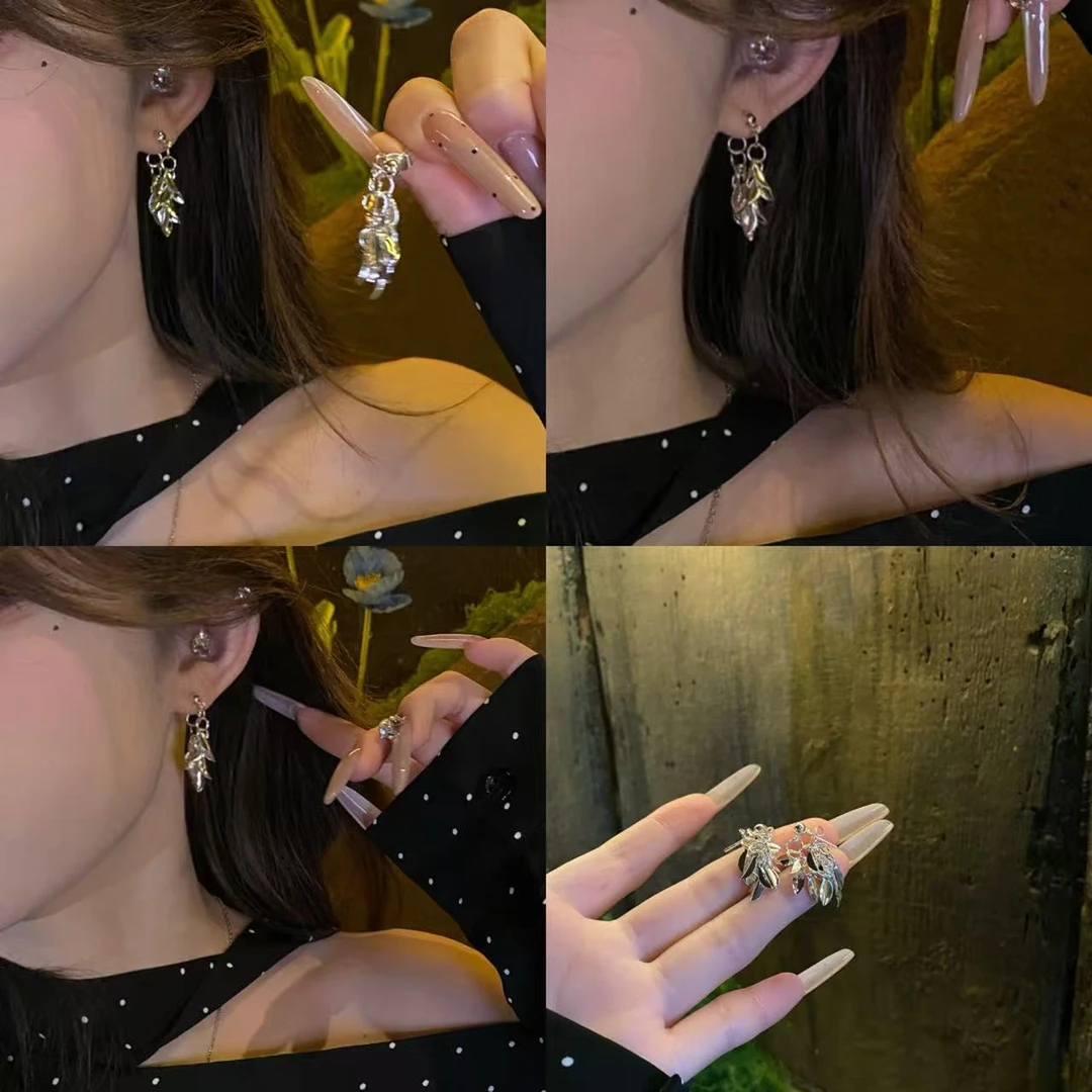 铜合金耳饰 很闪很美！设计感流苏链条银色叶子女轻奢通勤耳饰耳环
