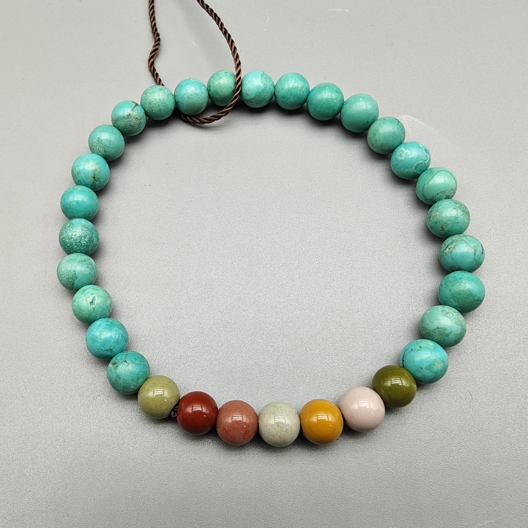 【绿松石】民国 老矿绿松圆珠五彩玛瑙珠配珠 手串BJ-LS3310