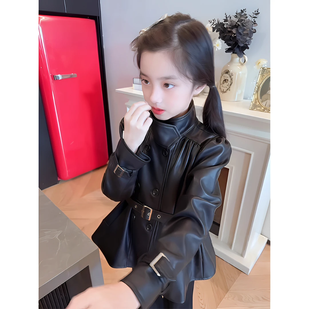 女童皮衣秋季2025新款洋气儿童黑色皮夹克大童春秋中长款时尚外套