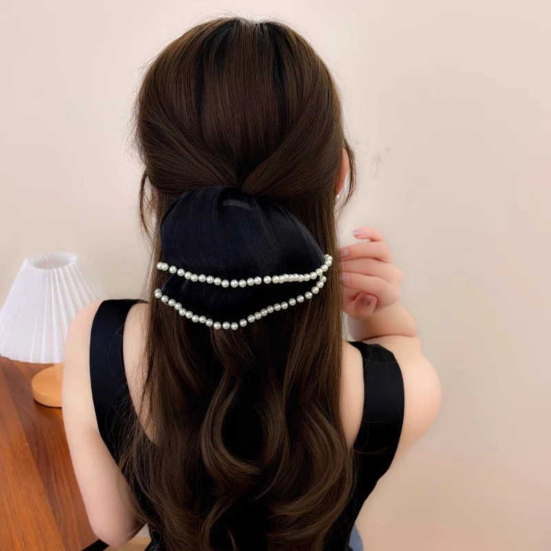 云纱发圈法式赫本风珍珠大肠发圈边缘钉珠高级感头绳百搭优雅发饰