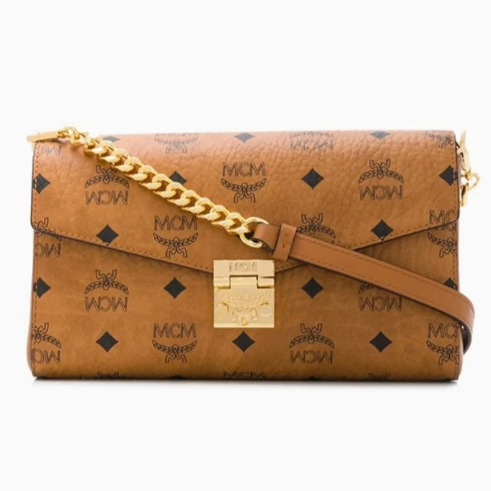 95新 MCM 新款皮拼链条包中号干邑色/LX00317