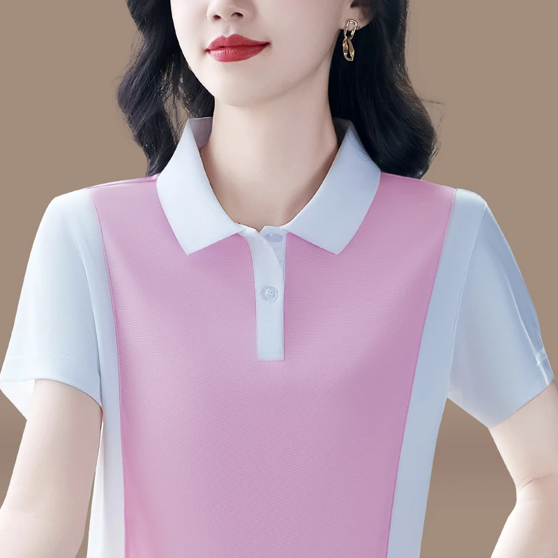 时尚冰丝短袖t恤女夏季高级感拼色翻领休闲上衣小个子速干polo衫