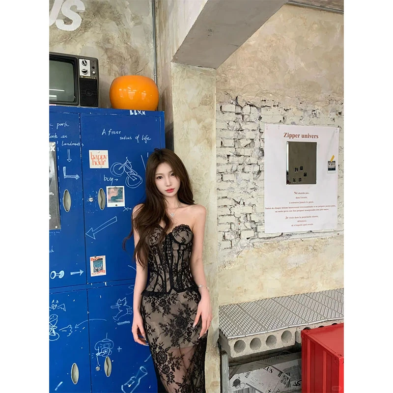 【西西里女神】易梦玲同款秀场性感御姐蕾丝抹胸连衣裙