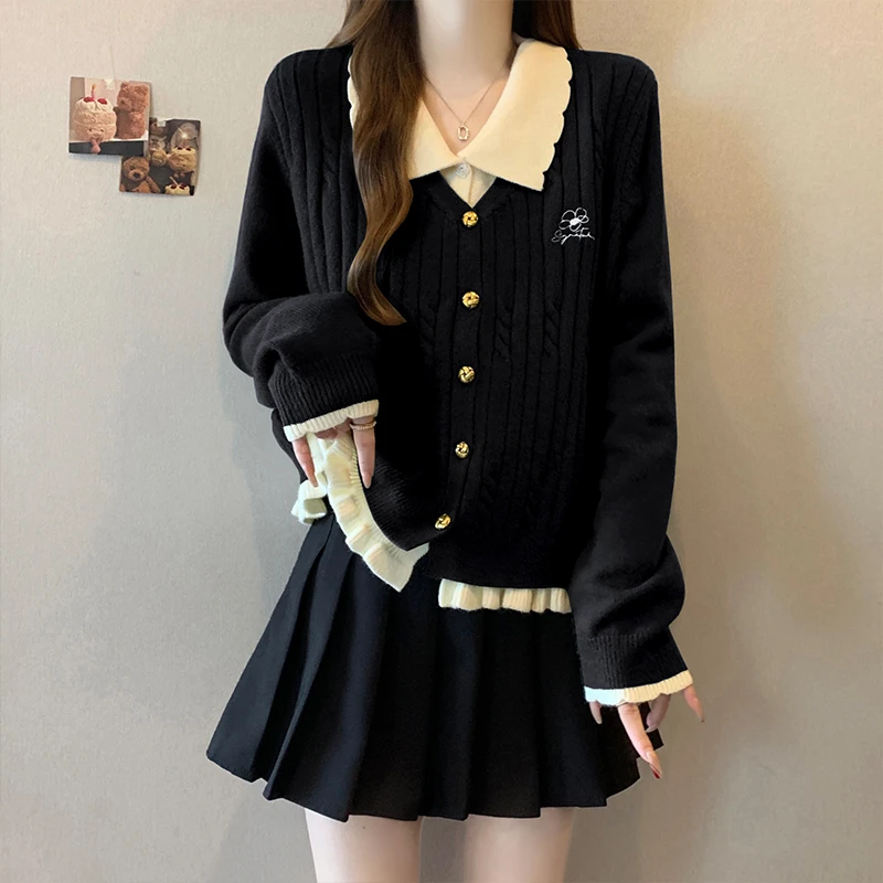 大码女装时尚假两件长袖针织开衫外套女秋冬胖MM软糯遮肉显瘦毛衣