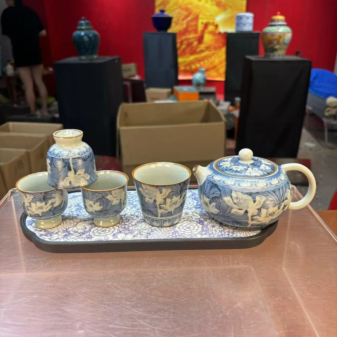 秋香茶具 掐丝银蓝彩荷花西施壶一壶四杯+盘（无礼盒）小套装-