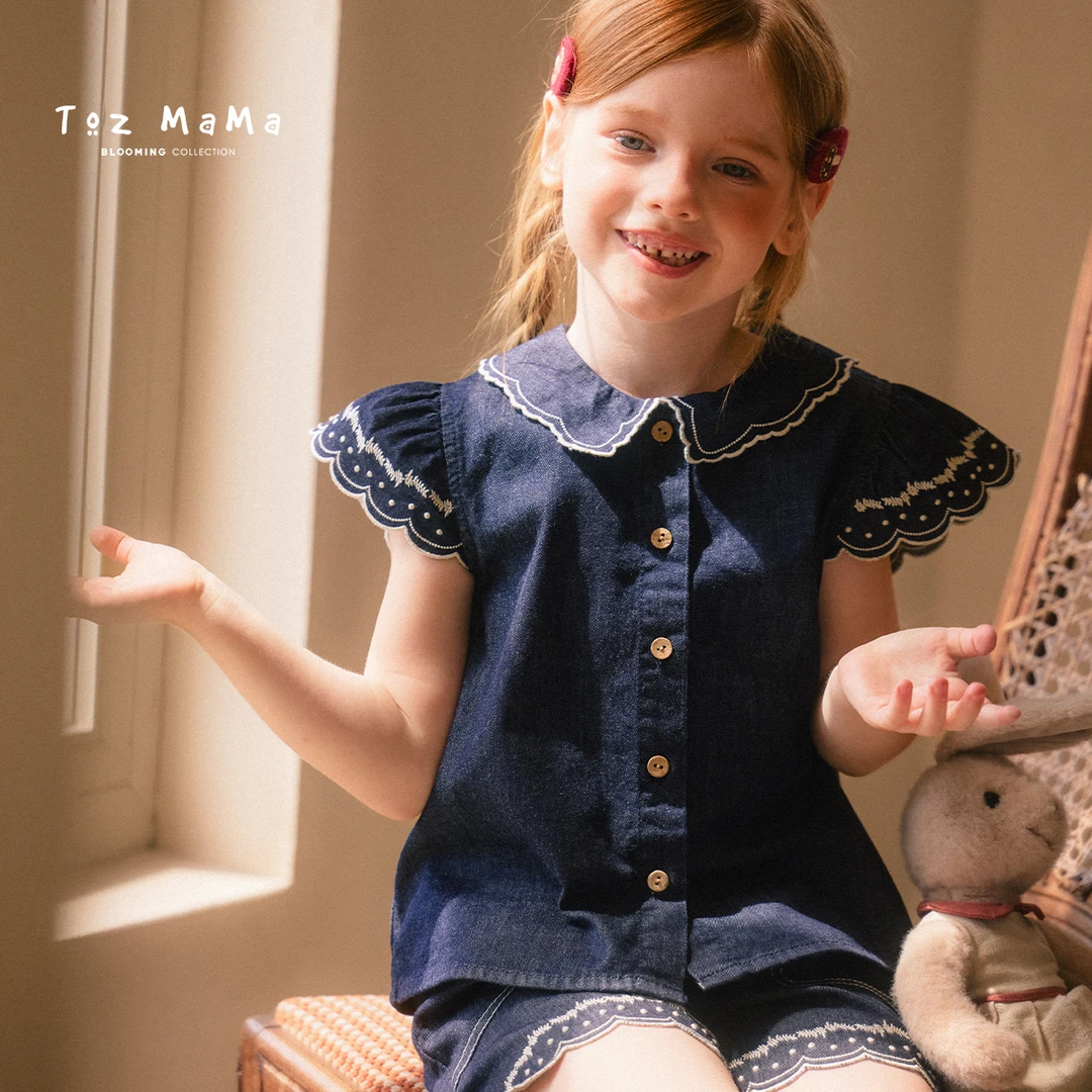 TozGirls豆几妈5/28儿童飞袖绣花牛仔小衫牛仔短裤两件套套装夏