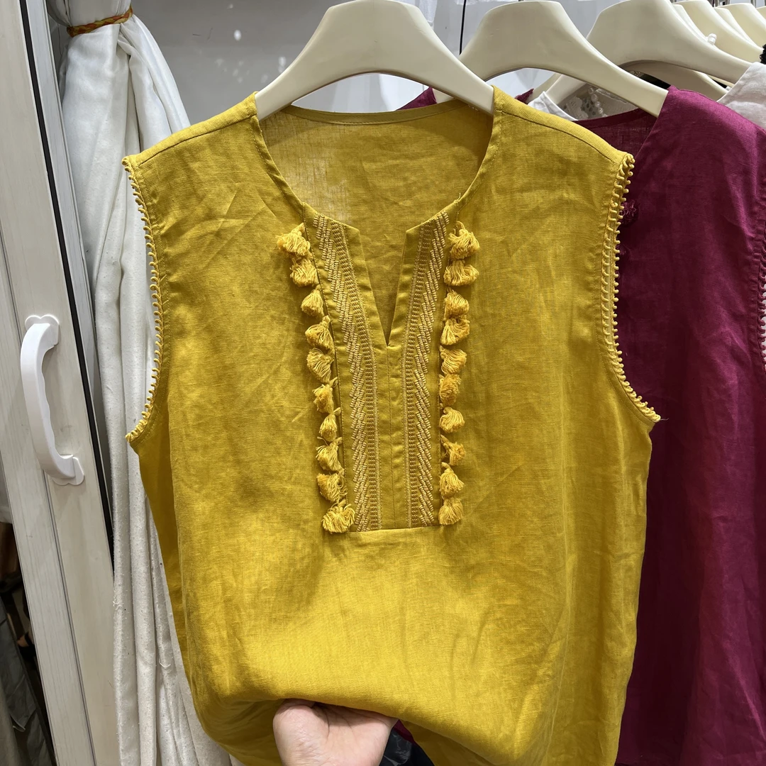 韩系V领无袖背心衬衫女2025夏季新款时尚百搭亚麻设计感小衫上衣