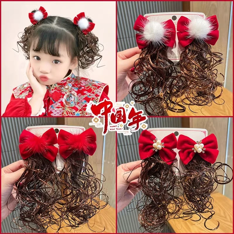新年儿童发饰中国风蝴蝶结假发卷发发卡头饰2024新款女童宝宝头饰
