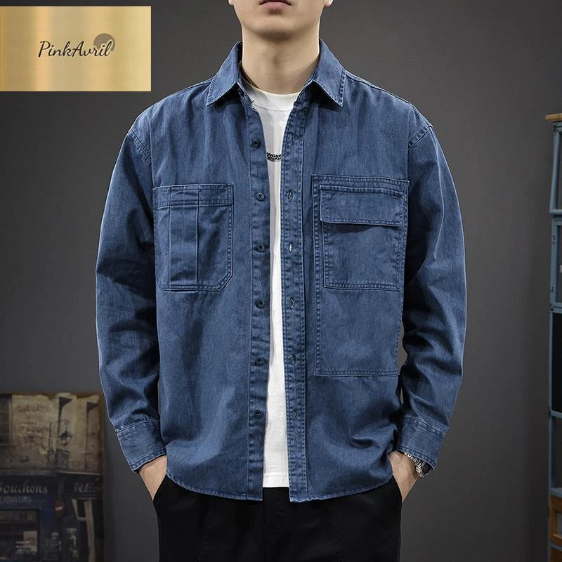 PinkAvril美式复古水洗工装长袖衬衫男2025秋季竹节纹宽松衬衣户