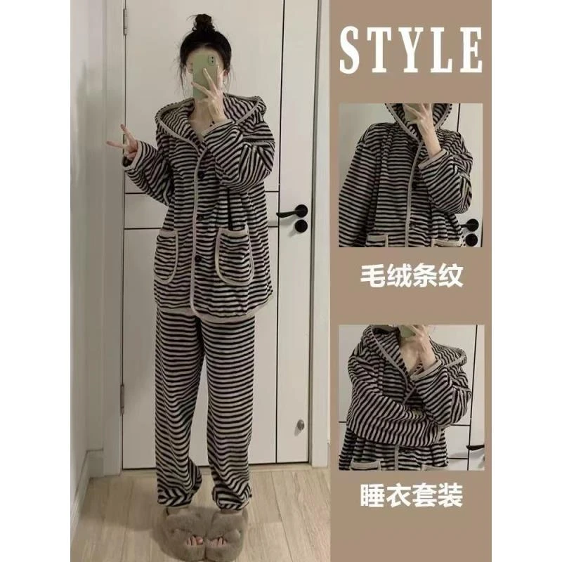 2025新款女士耐磨冬季连帽条纹睡衣家居服套装秋冬休闲慵懒风宽松