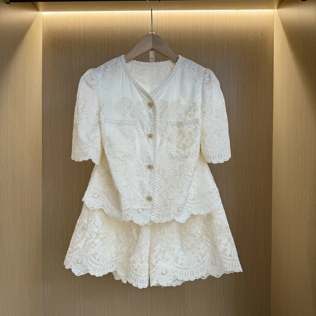 小香风法式重工天丝刺绣V领上衣2025夏季新款短袖小开衫 821#