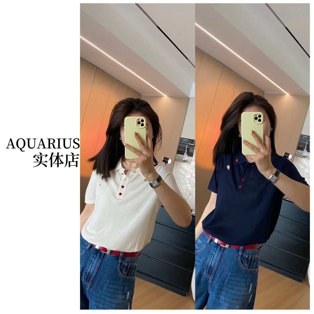 【AQUARIUS 】（心动时刻）翻领小熊刺绣针织短袖上衣251268