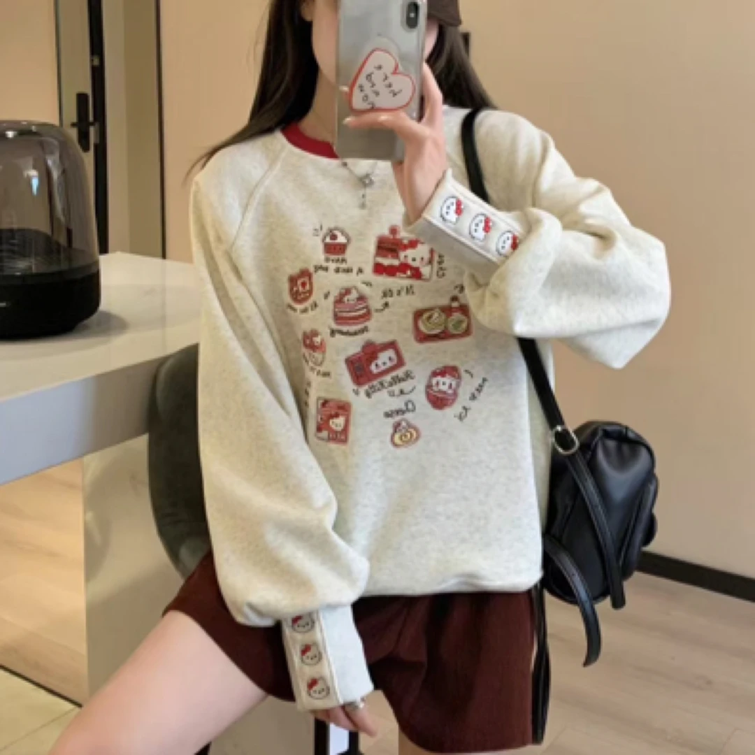 猫咪纸袋包装KT猫重工刺绣圆领套头卫衣韩版宽松显瘦上衣
