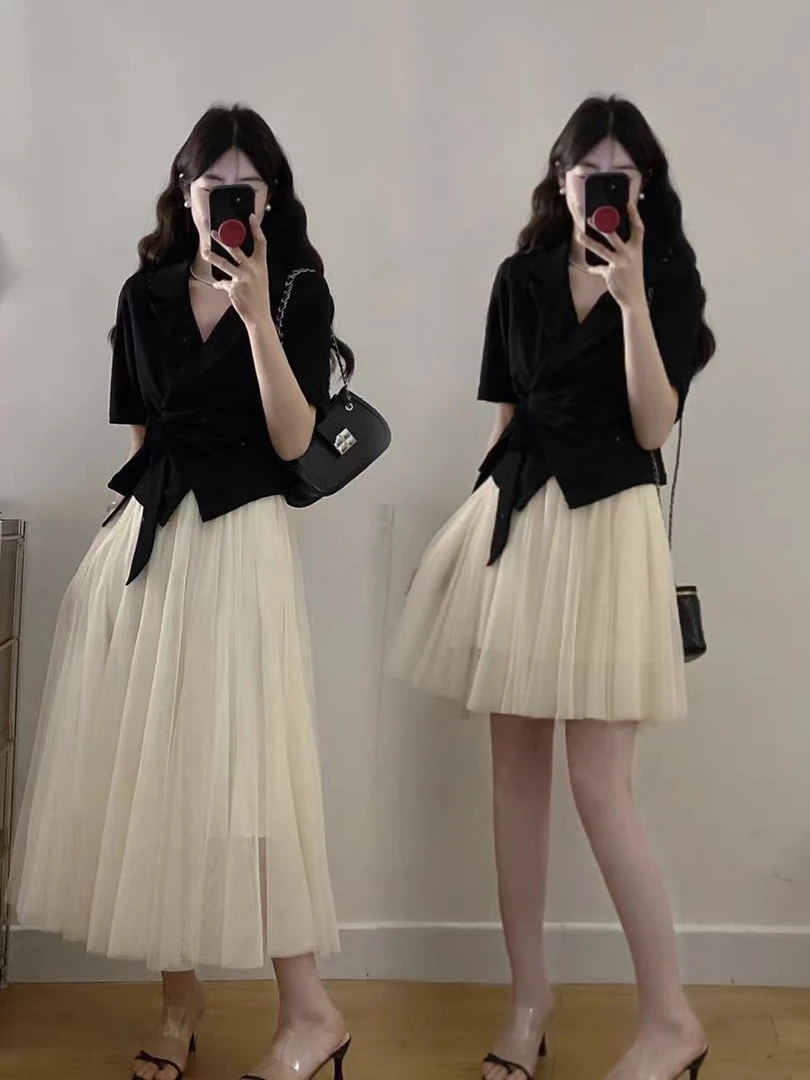 大码女装法式气质V领黑色上衣夏季胖mm显瘦遮肉高级感半身裙1761