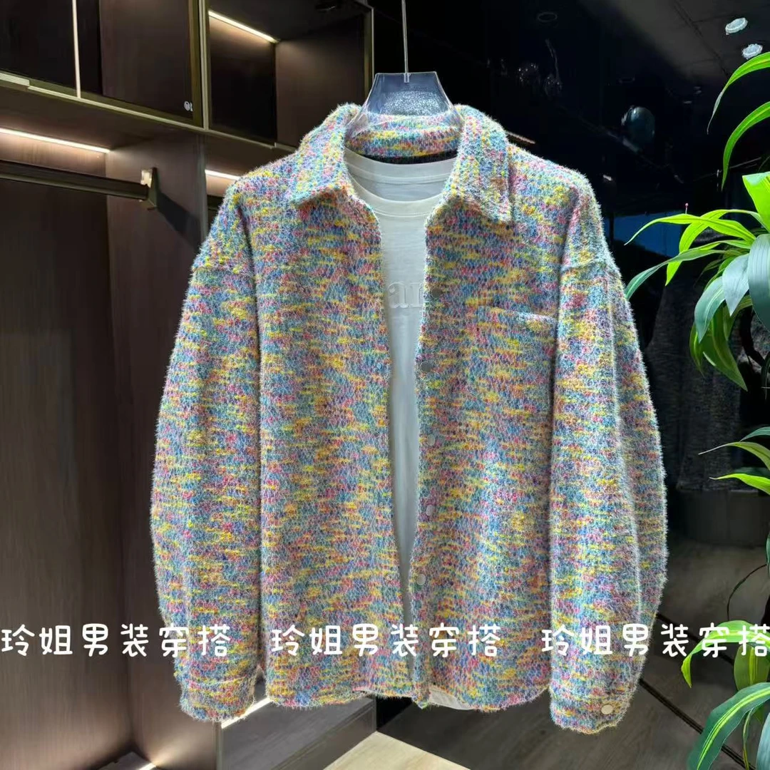 秋季新款复古小香风色织开衫复古男士宽松潮流时尚慵懒风翻领外套
