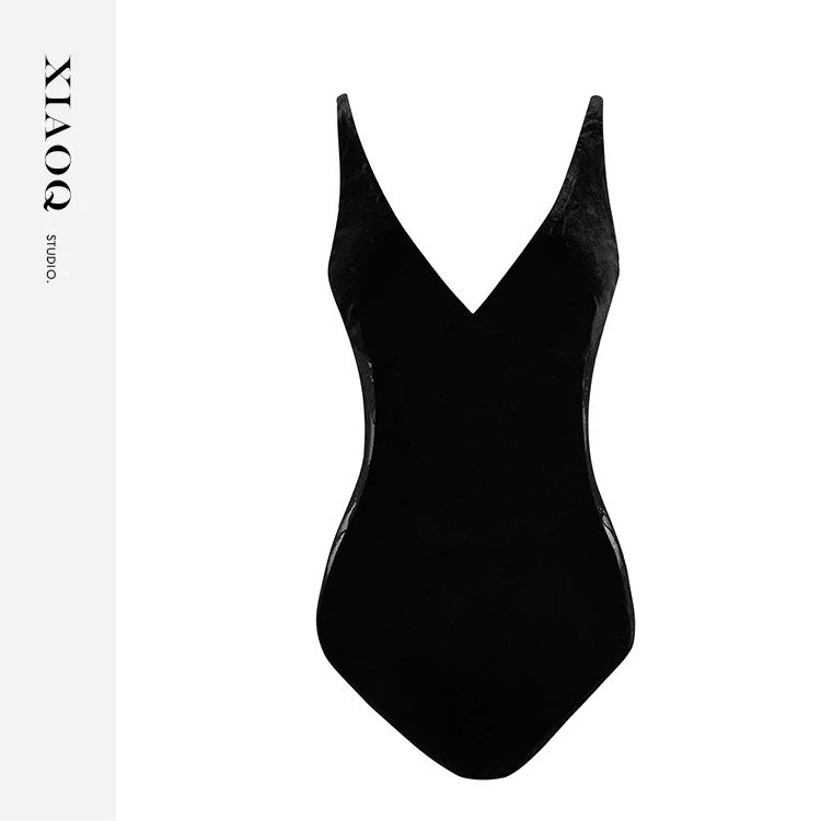 XIAOQ「黑色浪漫」深V蕾丝拼接显瘦性感连体衣辣妹内搭战衣81549