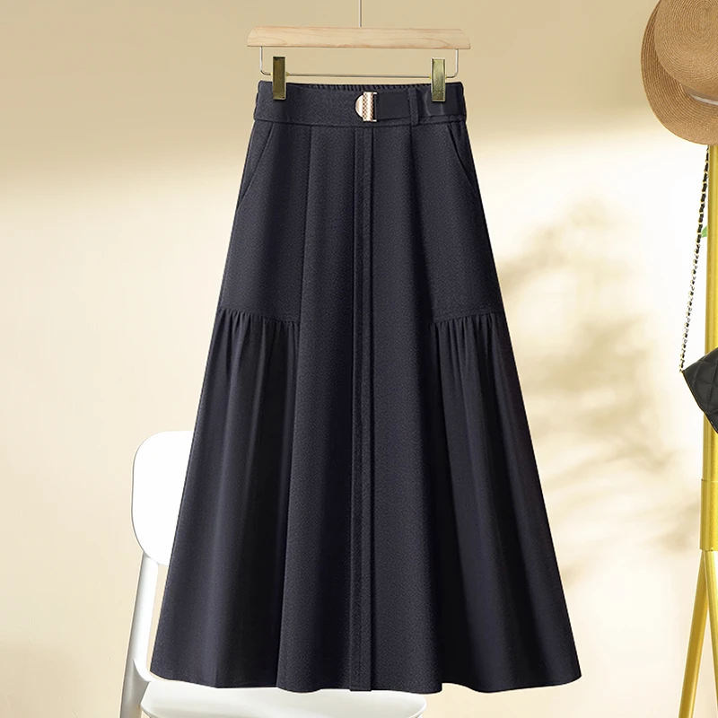 拉夏贝尔垂感气质大摆女2025初秋季高腰显瘦百搭外出秋冬黑色女装