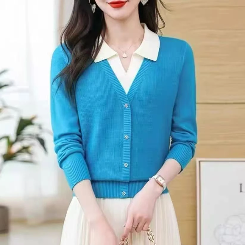 2025春秋新款宽松显瘦洋气时尚百搭翻领假两件女上衣针织衫打底衫