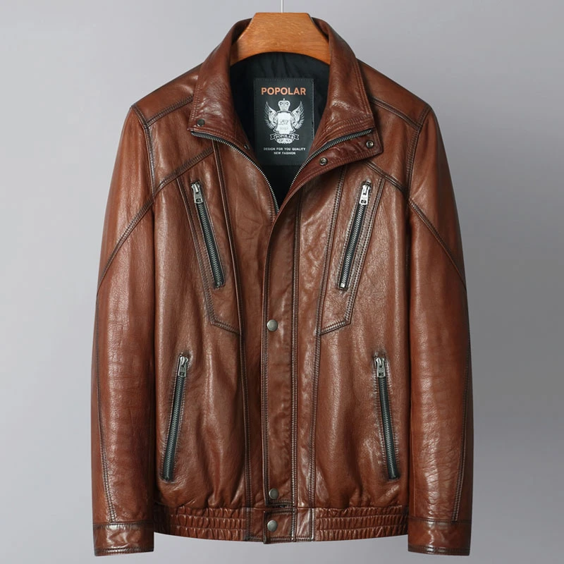 新款复古做旧羊皮皮衣男士阿美咔叽翻领修身外套棕红色机车真皮潮