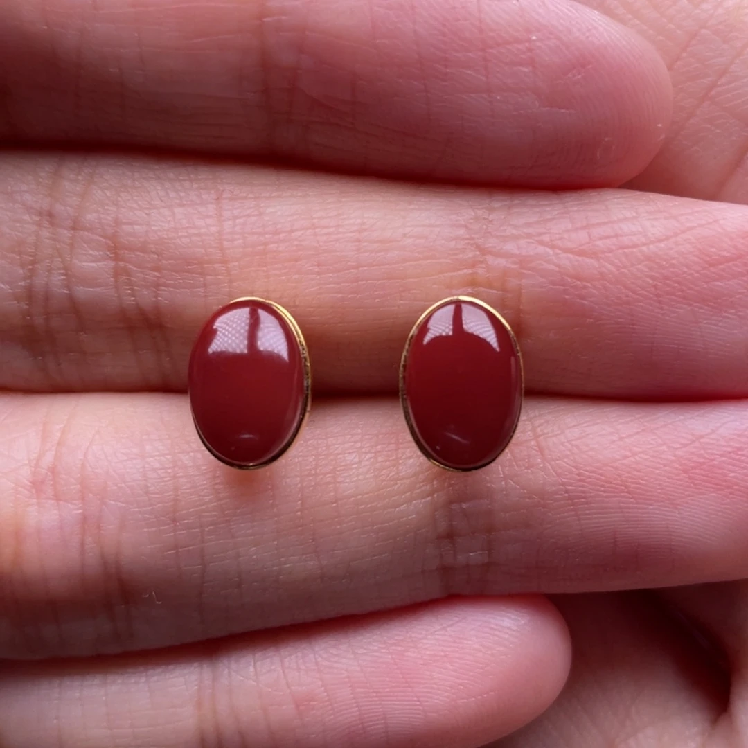 南红玛瑙18K金镶嵌珠宝奇石耳钉
