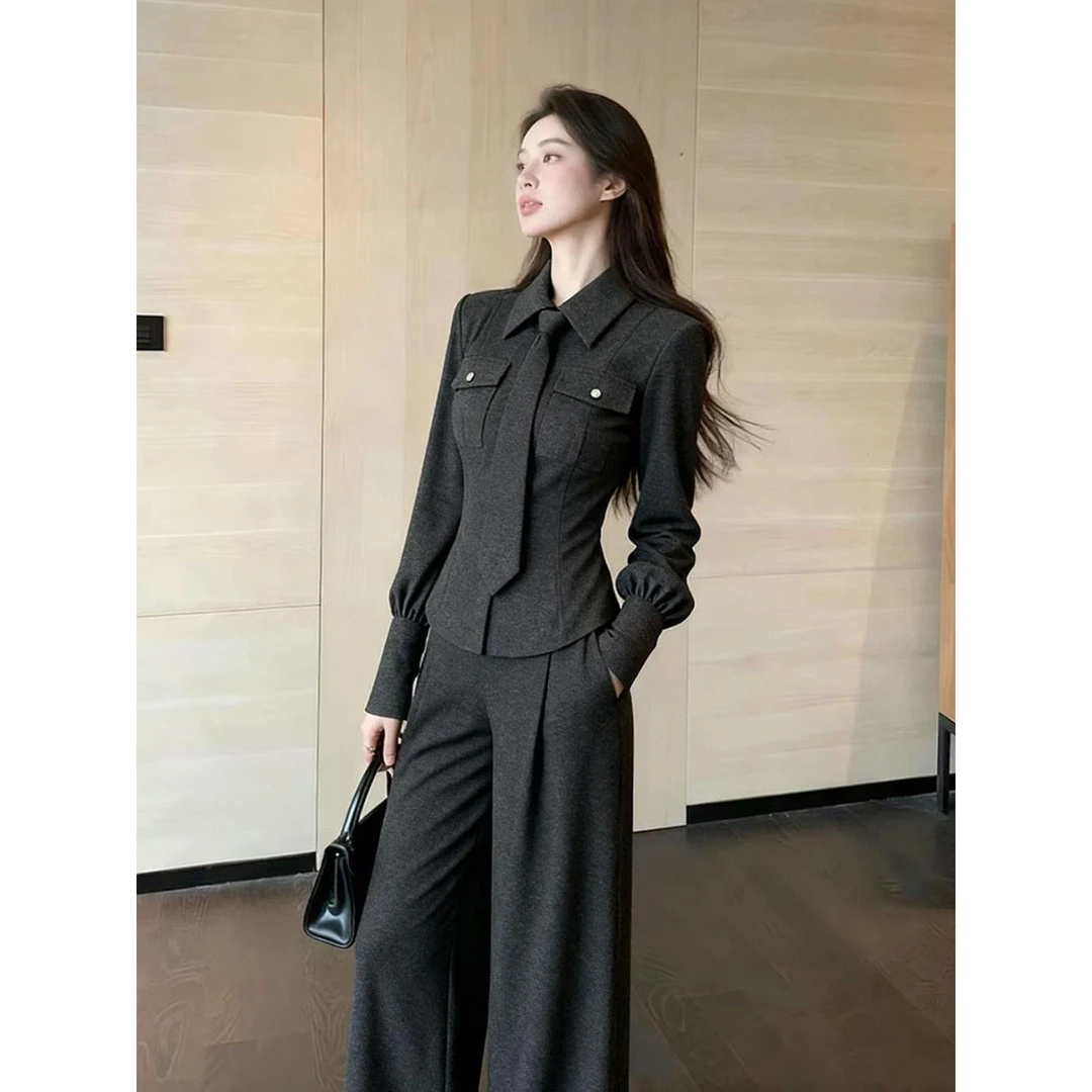 淡人高知老钱风穿搭高级感职业通勤深灰色领带衬衫阔腿裤套装女冬