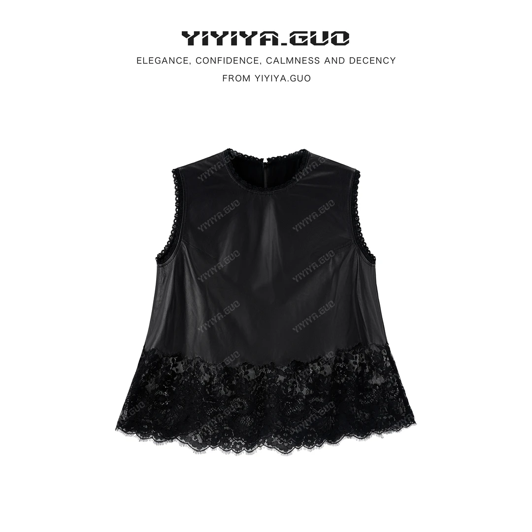 yiyiya.Guo艺艺吖休闲百搭拼接蕾丝透气光泽感上衣2437SS52