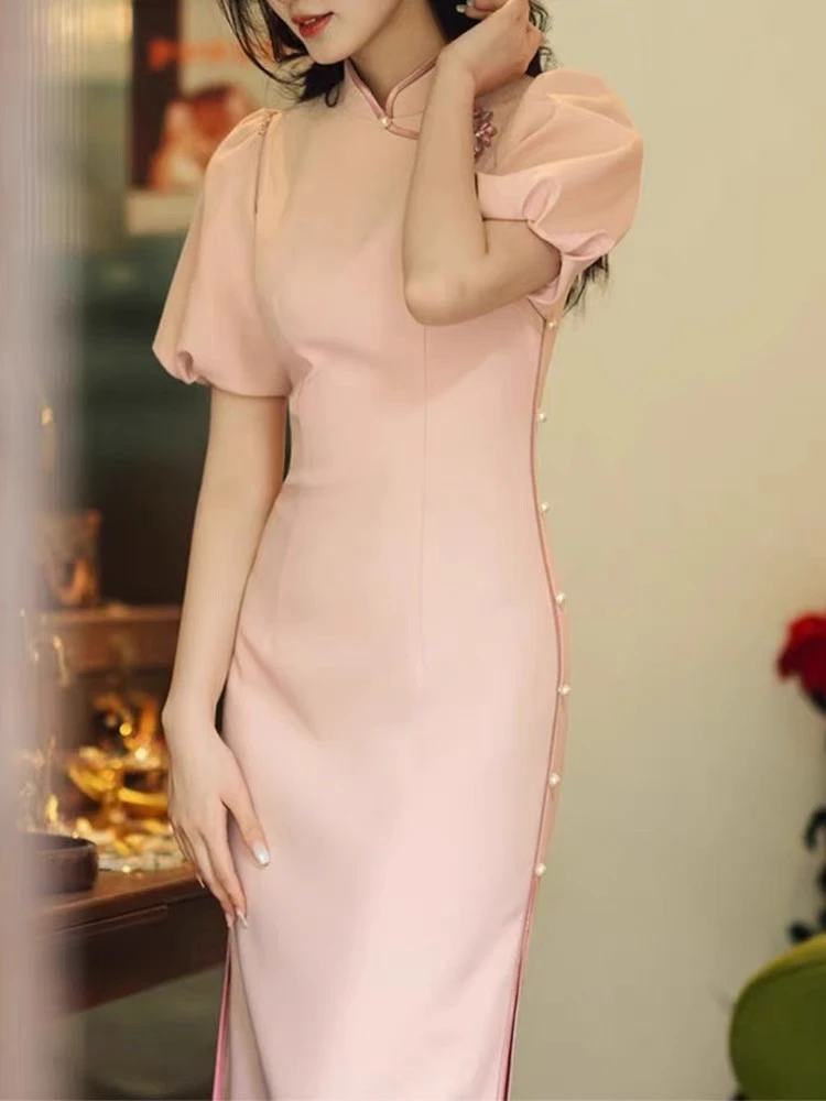 AB721高级缎面珍珠扣改良旗袍新中式仙女款高端精致粉色连衣裙夏