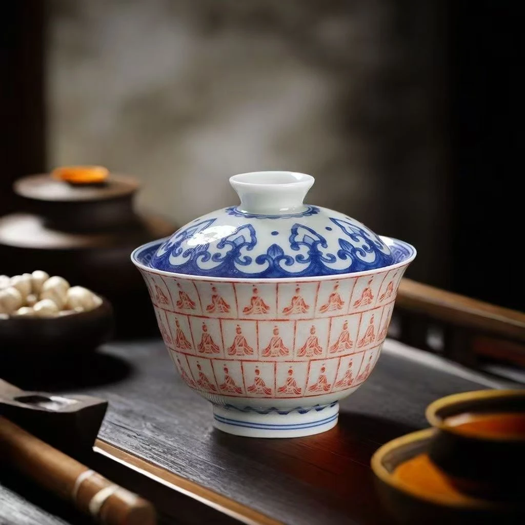 青花釉里红高温釉下千佛盖碗