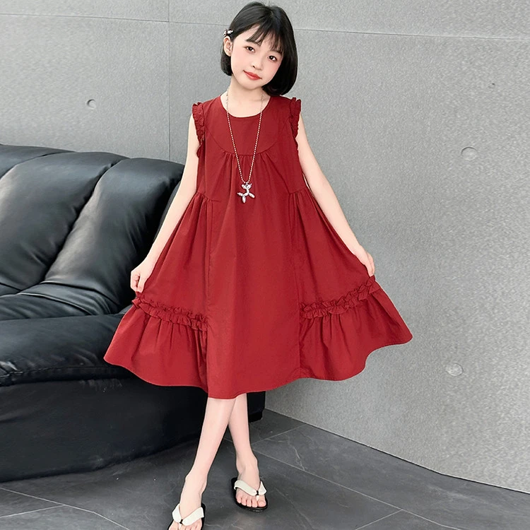 女童夏装红色连衣裙2025新款儿童洋气时髦无袖背心裙中大童公主裙