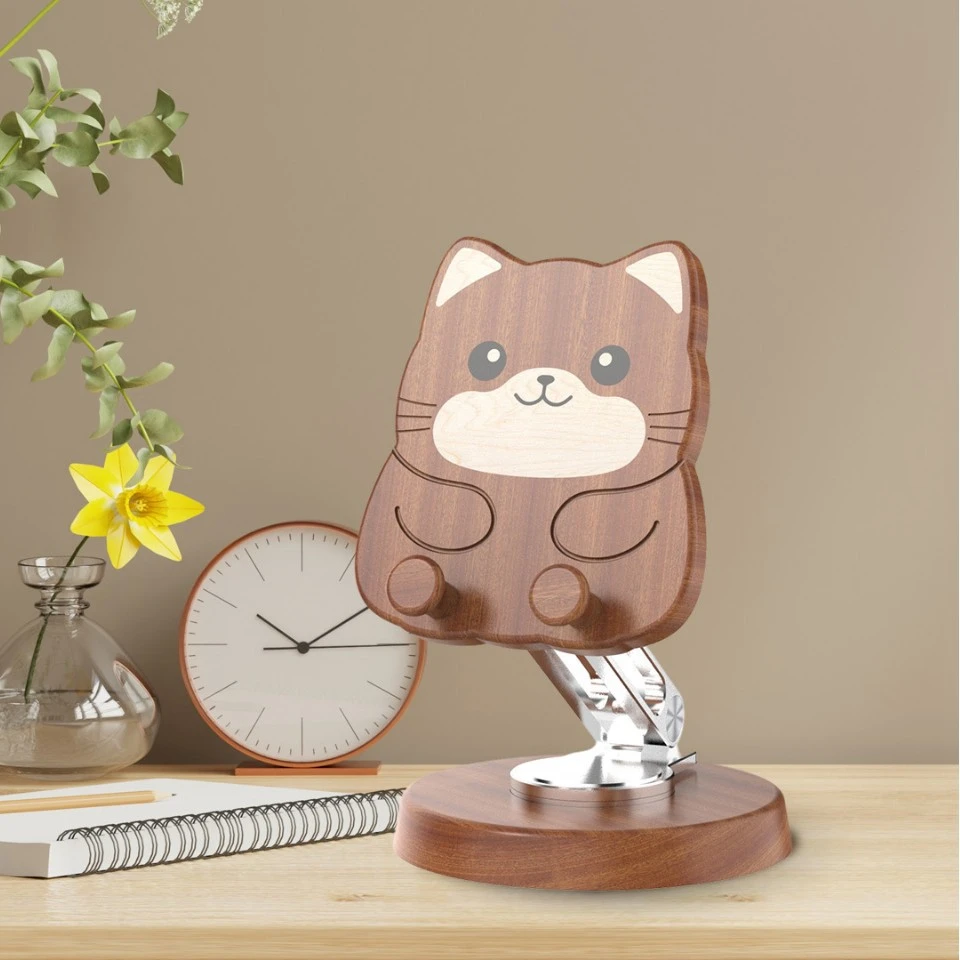 乌檀木可爱旋转招财猫木质手机支架支撑架可折叠桌面办公室礼物