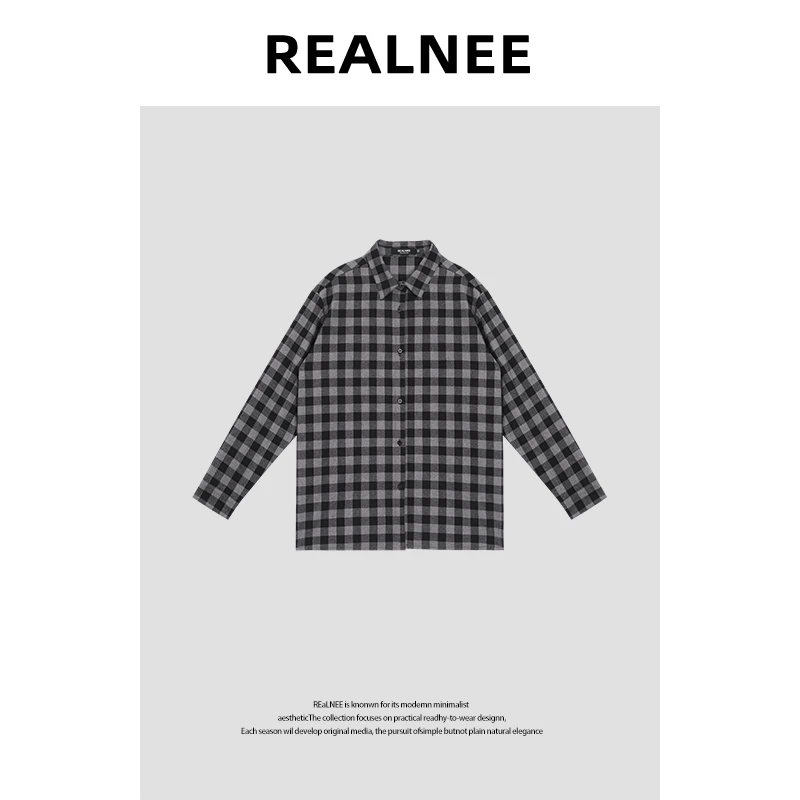 【嘉鹅专属】REALNEEI宽松型极简风拼接衬衫格纹无领成人时尚百搭
