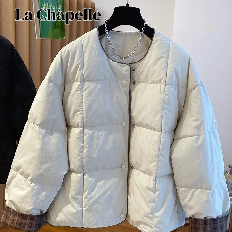 拉夏贝尔韩国韩版超好看棉服女冬季新款宽松格子拼接圆领夹棉外套