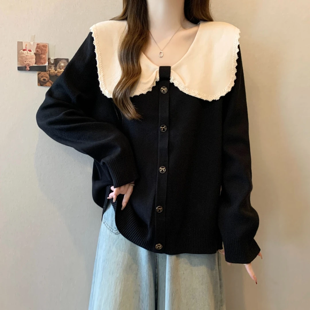 大码遮肚子娃娃领长袖针织衫女春秋胖MM宽松显瘦百搭洋气打底毛衣