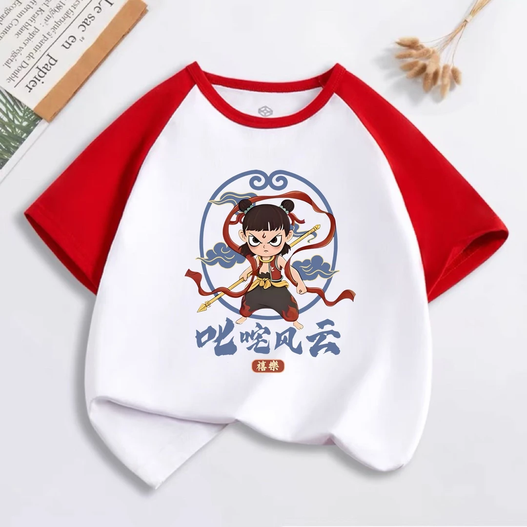 插肩袖卡通动漫宽松型圆领拼接短袖T恤撞色印花儿童运动休闲夏季