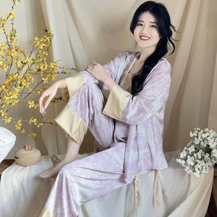 FENKE/粉客【春晓花序】暗纹缎新中式带胸垫三件套可外穿家居服睡衣