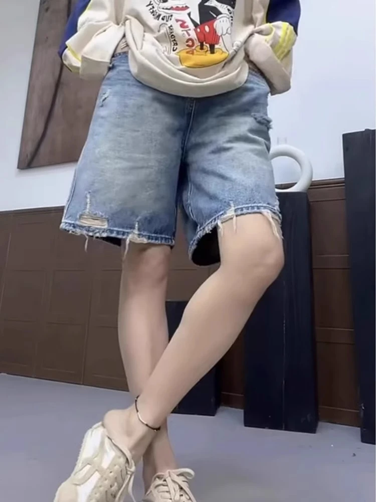 复古破洞五分牛仔短裤女夏季薄款高腰显瘦宽松阔腿裤财阀千金女装