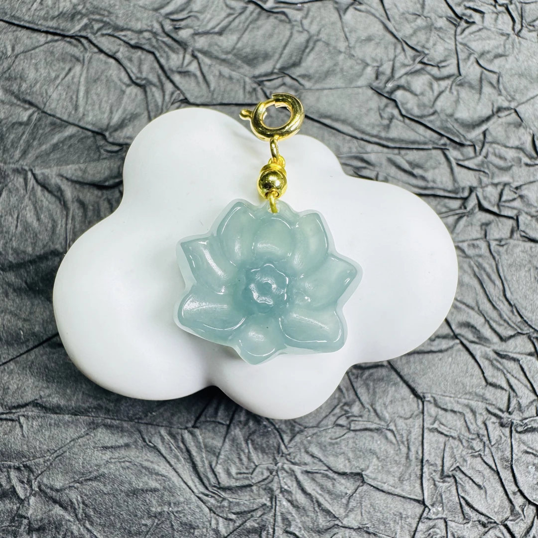 天然翡翠A货 冰蓝精工雕刻小莲花万能扣小吊坠（多样性发其一含绳）