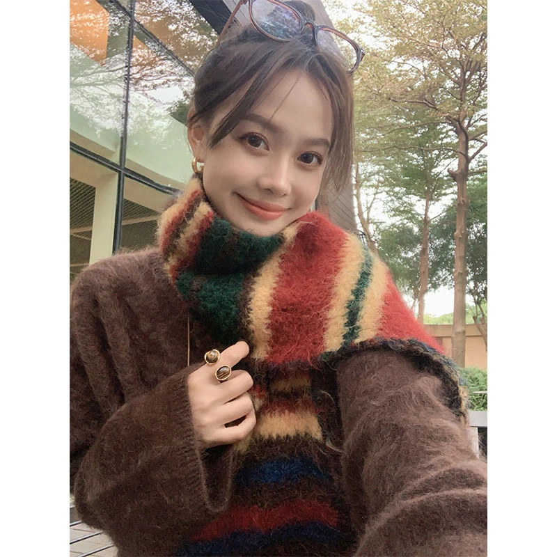 美洋MEIYANG 彩虹糖围巾 绵羊毛混纺_元气氛围彩条纹针织保暖围脖