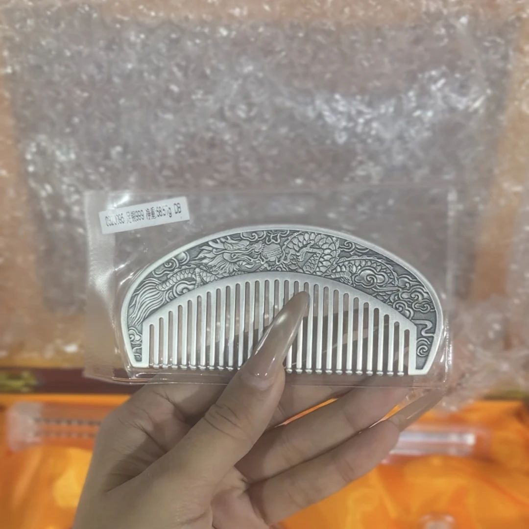 足银银制品 【龙凤做旧复古梳子】复古浮雕 精致雕刻龙凤呈祥足銀
