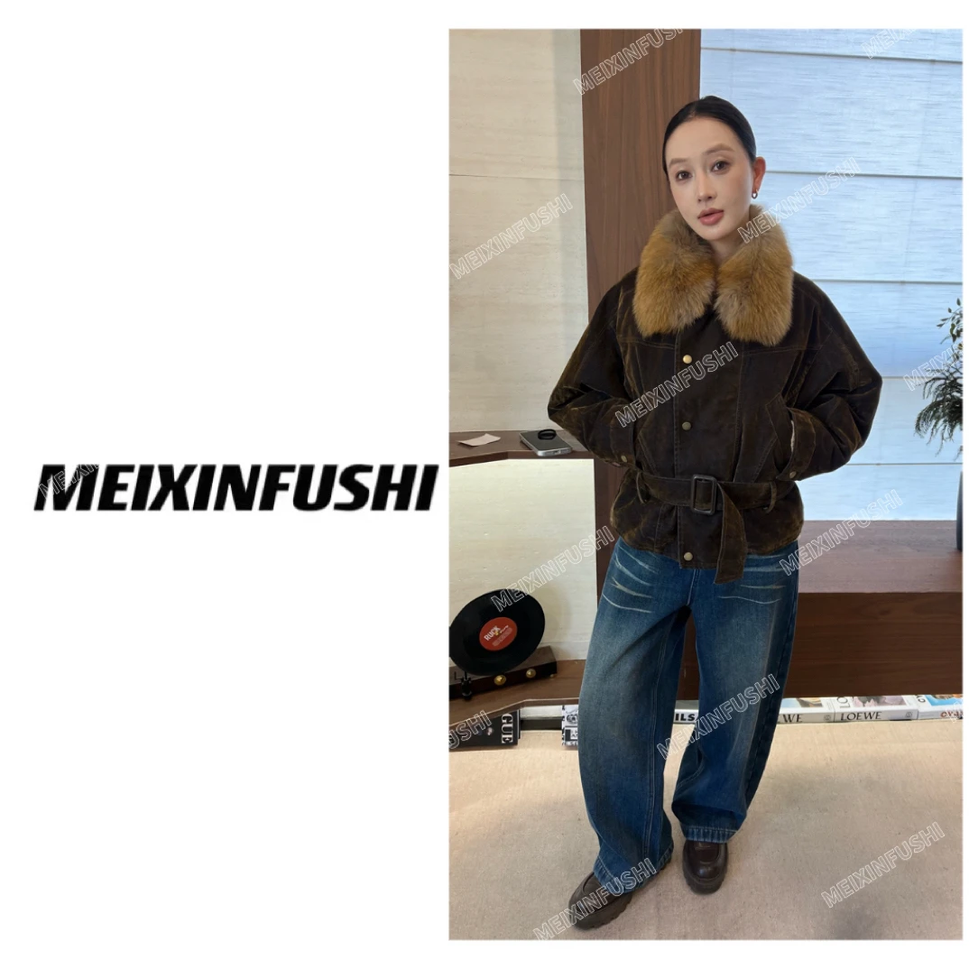 【Mei Xin】欧货狐狸毛领腰带复古擦色设计鹅绒羽绒服外套/8256/D