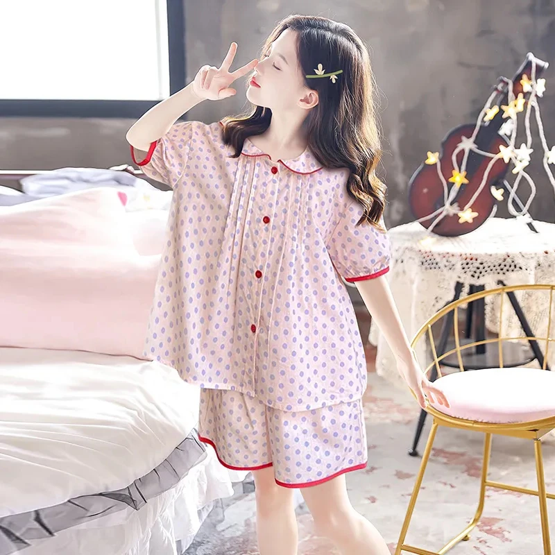 短袖夏季女童睡衣薄款短裤套装可外穿翻领开衫少女风亲子家居服