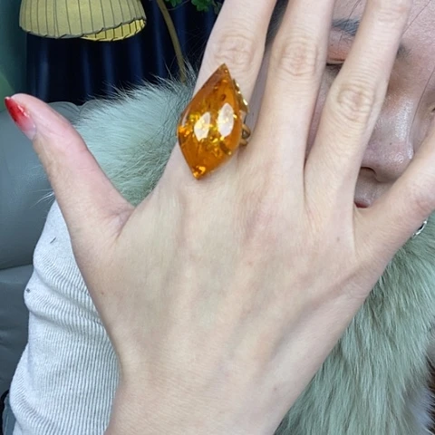 琥珀（花珀）戒指银S925镶嵌爱****荣戒指