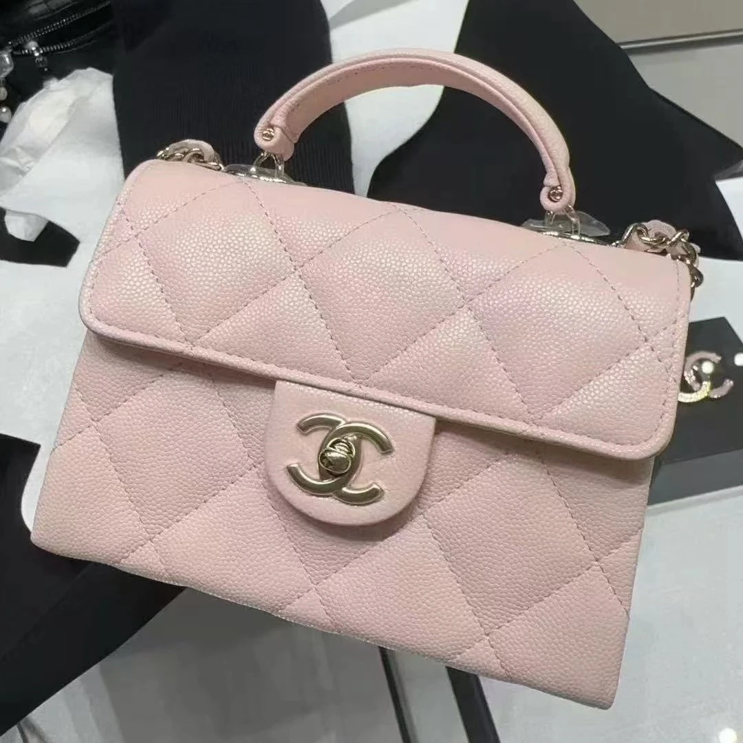 未使用 Chanel/香奈儿 25S 粉色荔枝皮手柄斜挎包 容量好 15cm