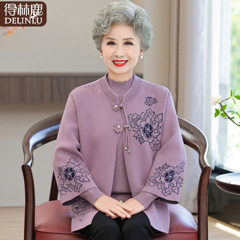奶奶中老年人春秋款外套女针织两件套装奶奶加绒衣服太太毛衣