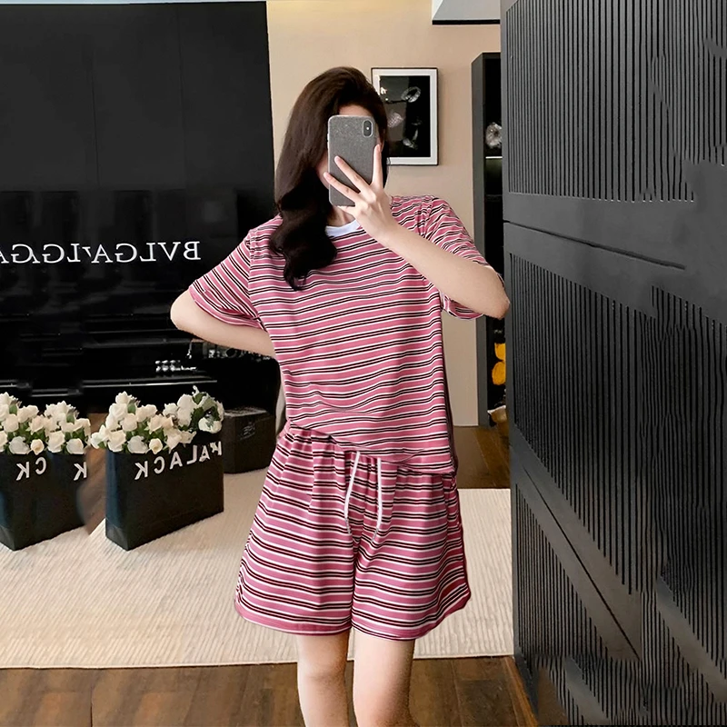 【粉丝专属】2件套条纹夏季女短袖短裤宽松圆领休闲套装女266