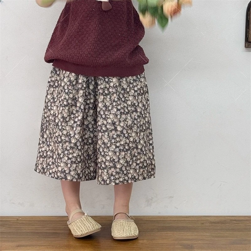 【歪歪妞童装】252550儿童宝宝森系复古碎花阔腿裤女童七分裤女孩